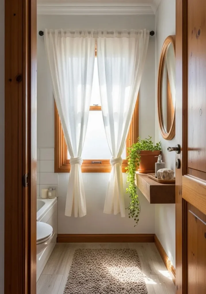 Bathroom with tie-up curtains creating a casual, cozy, and adjustable window treatment.