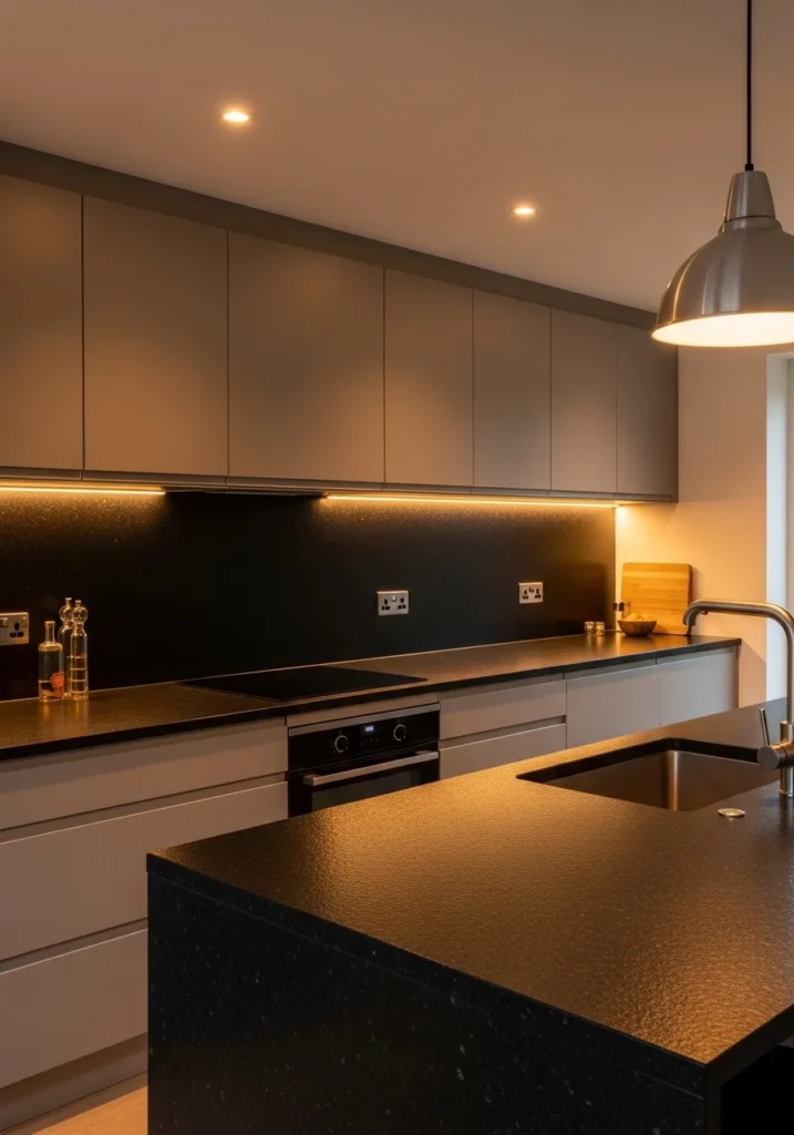 Textured black stone countertops in modern kitchen.