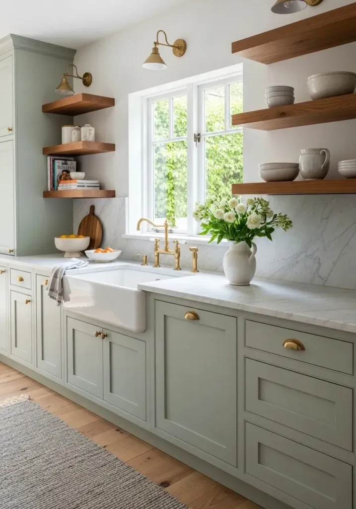 Kitchen with soft sage green cabinets, white countertops, brass handles, and wooden shelves.