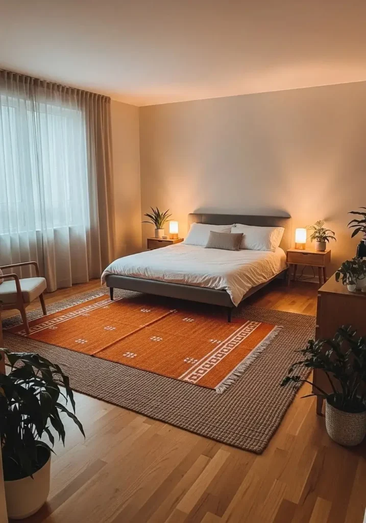 Bedroom with an orange accent rug layered over neutral rugs on wooden flooring.