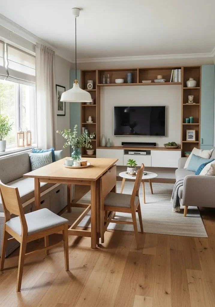 Multifunctional furniture in living room dining room combo layout