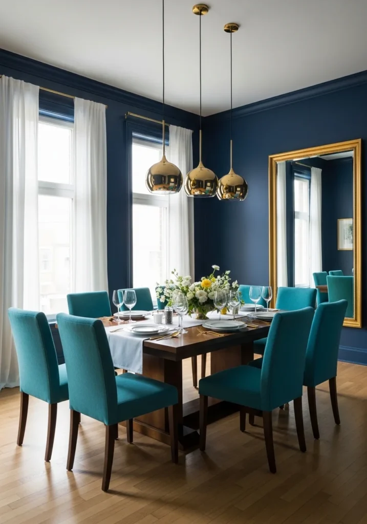 Blue and gold accented dining room with elegant lighting and décor.