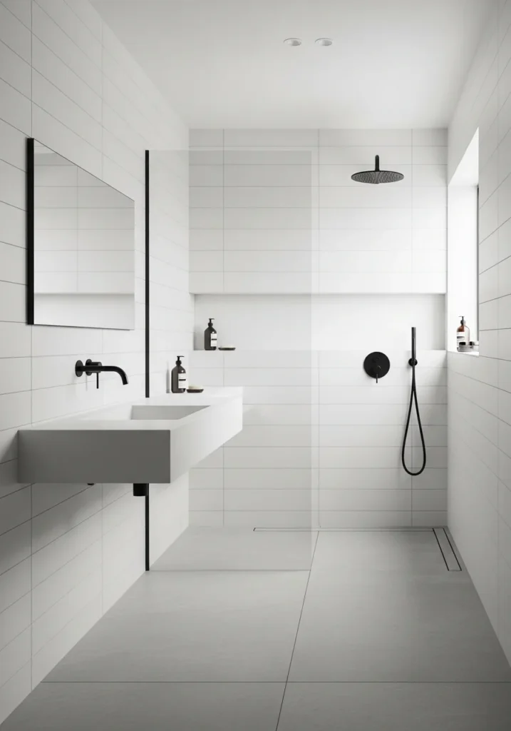 bathroom with matte black fixtures and white tiles
