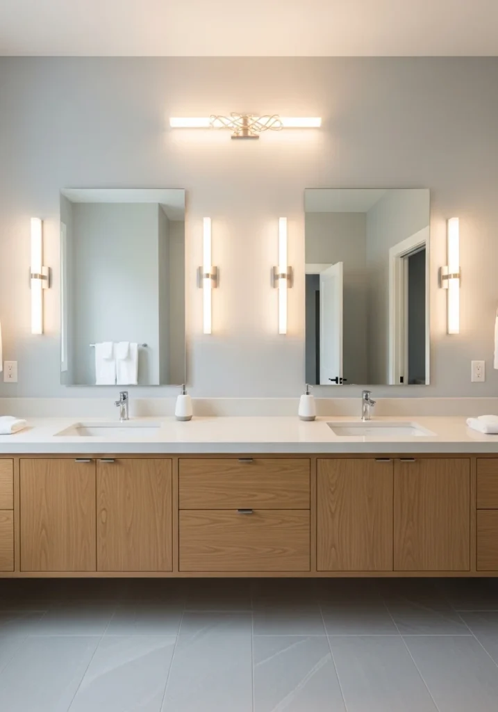 Symmetrical double sink layout with matching fixtures and mirrors.