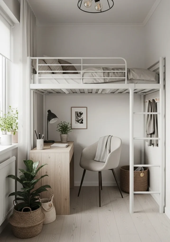 Minimalist white loft bed with a small desk workspace underneath in a bright modern bedroom.