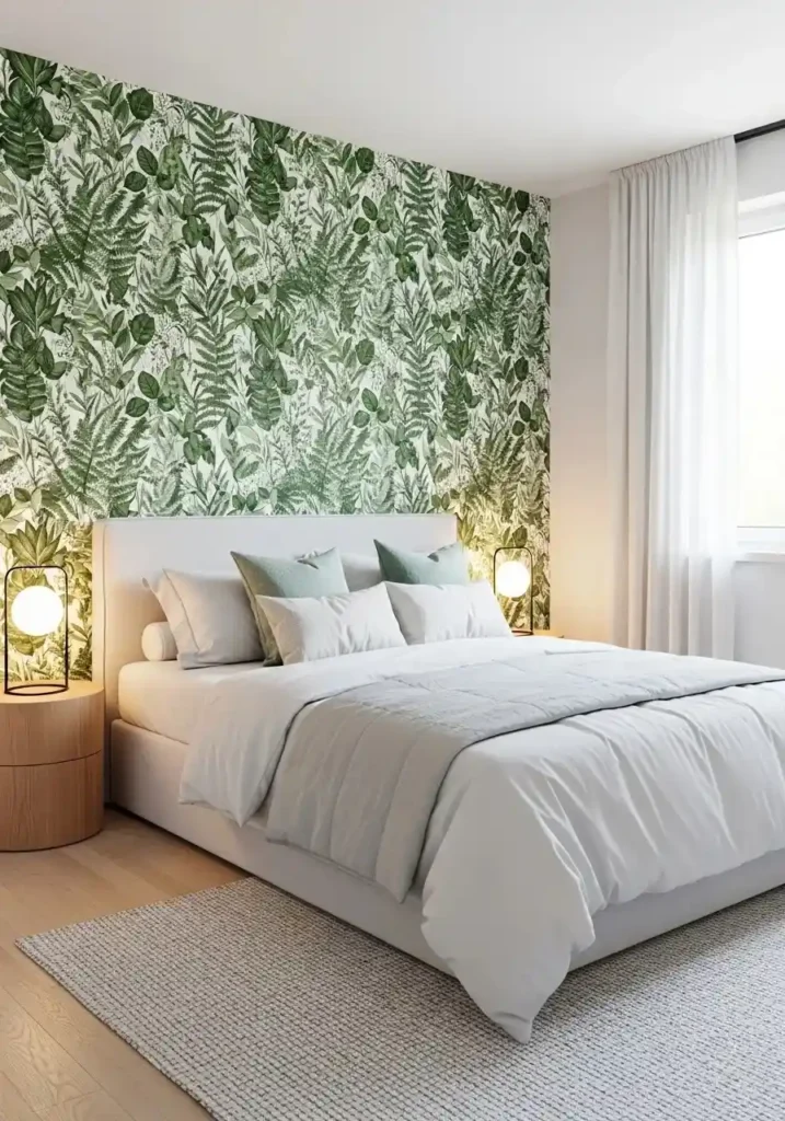botanical wallpaper accent wall in bedroom