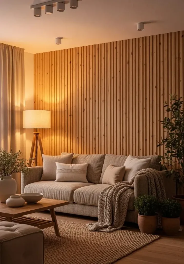 Wood panel accent wall in living room adding warmth and natural texture