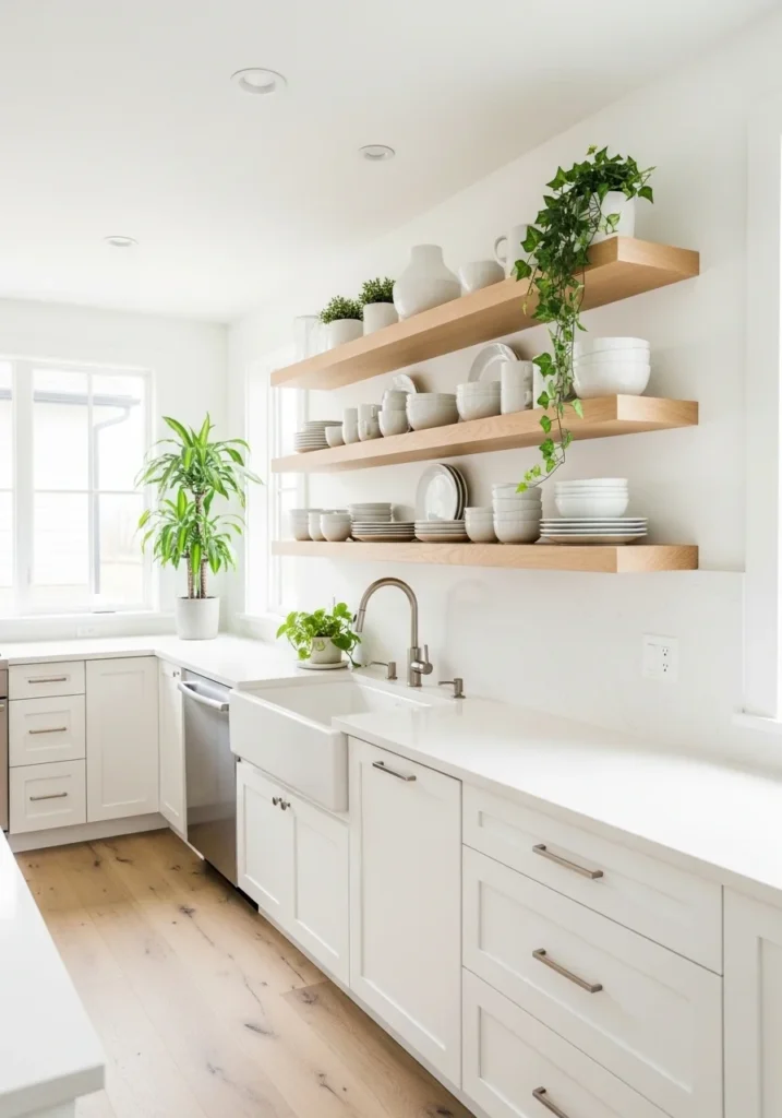 White kitchen with open shelves and minimalist decor