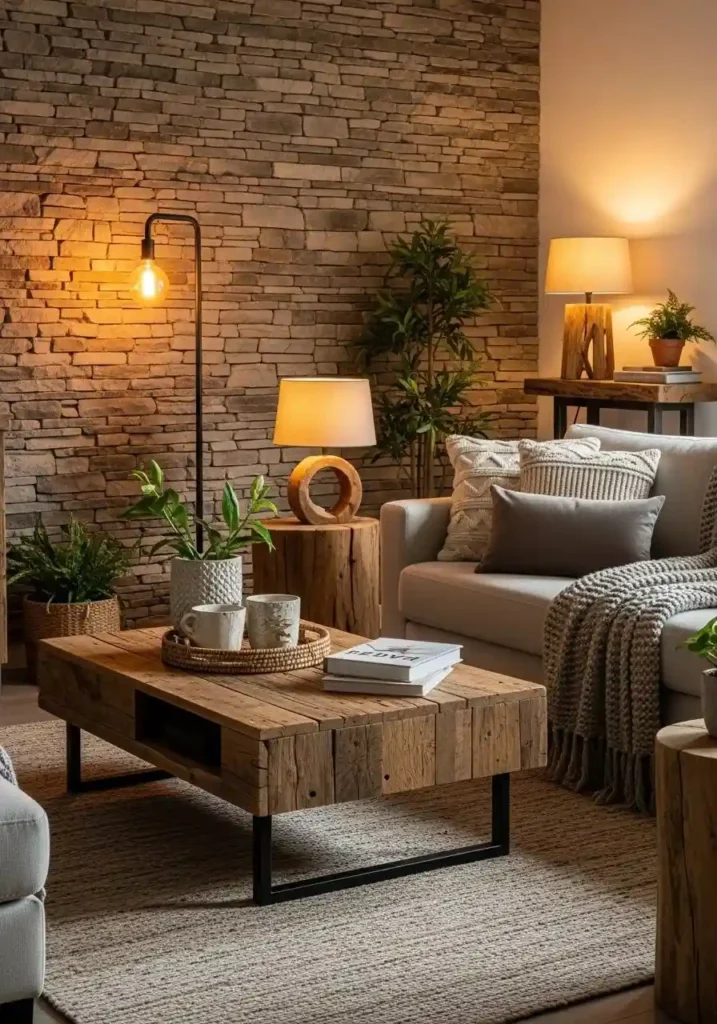 Rustic modern living room with reclaimed wood table and stone accents.