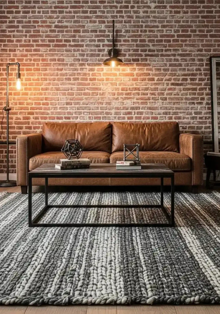 Industrial living room with exposed brick, leather sofa, and metal accents.