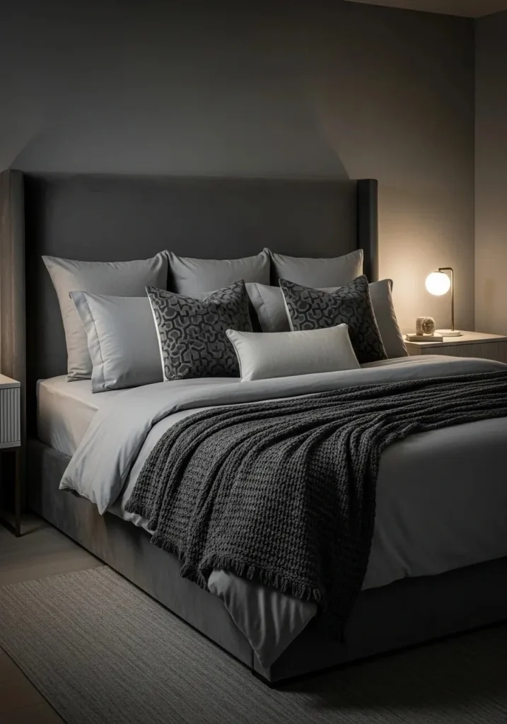 Dark gray bedroom with upholstered headboard and soft bedding.