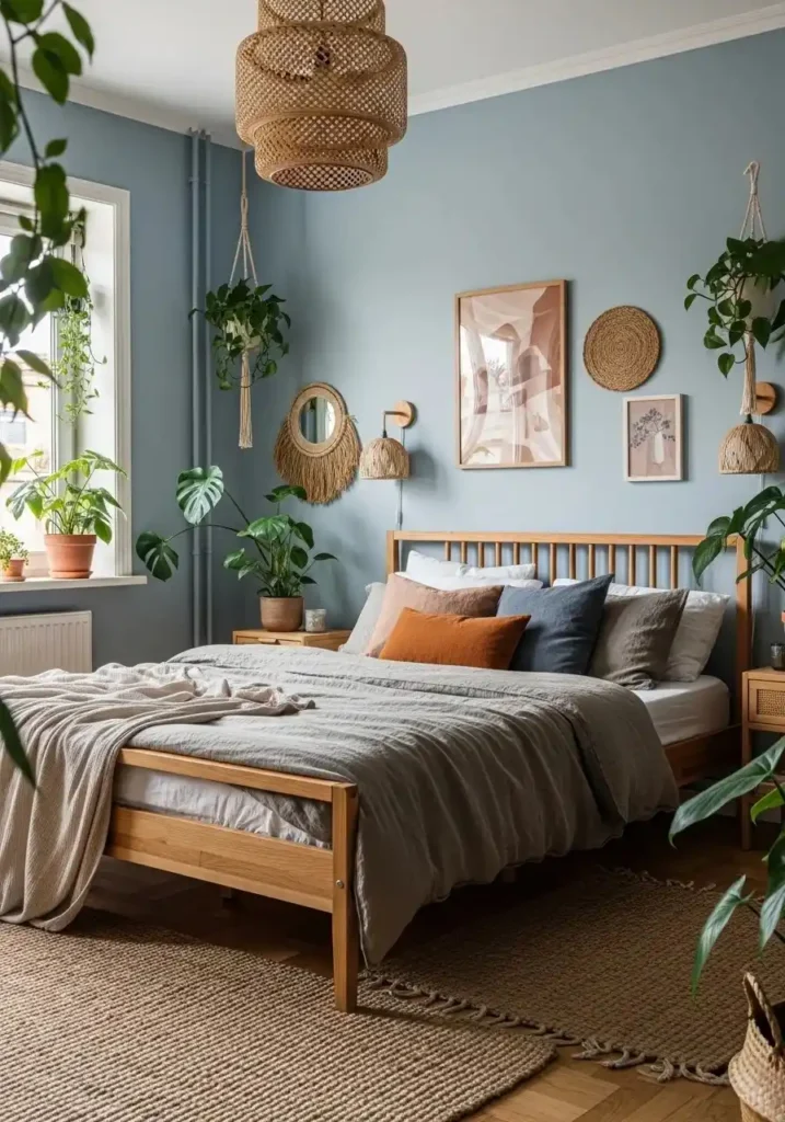 Blue and wood bedroom combining natural textures for a warm and relaxing space