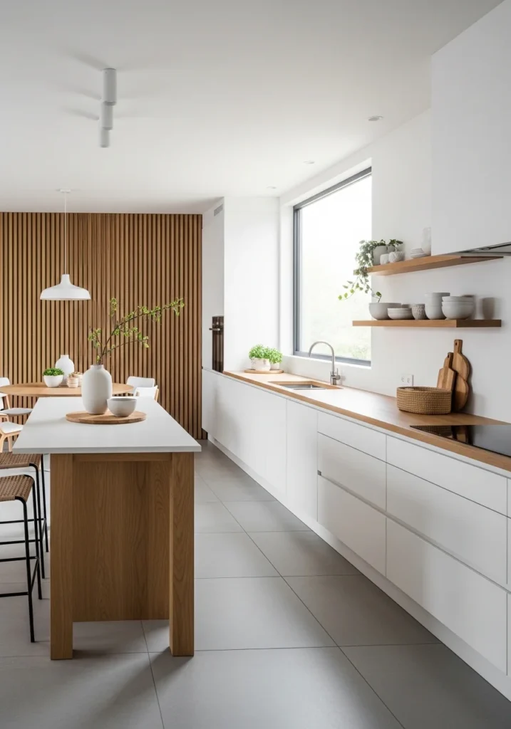 Japandi kitchen with balanced white and wood tones for a calm and timeless look.