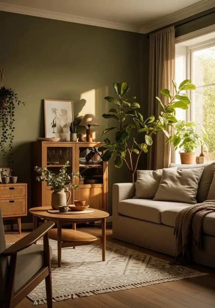 Nature-inspired living room with earthy tones, wooden furniture, and large indoor plants.