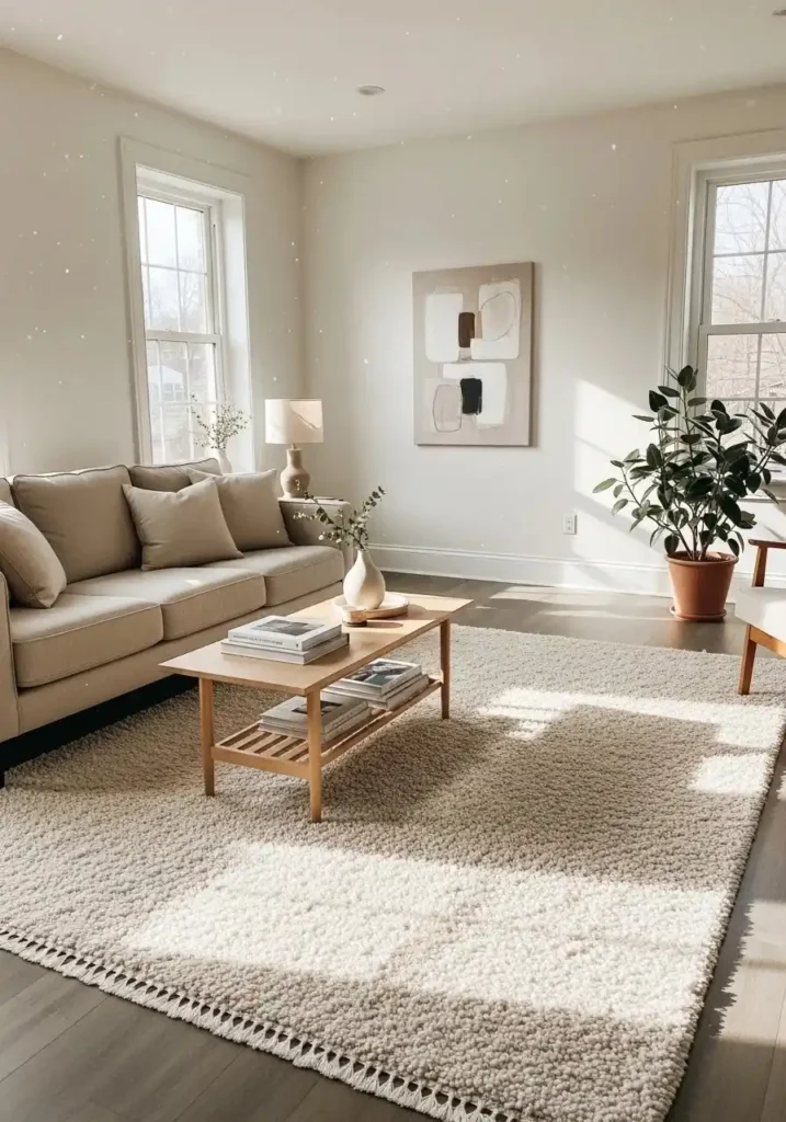 Large neutral cream area rug in a minimalist living room with beige sofa and wood coffee table
