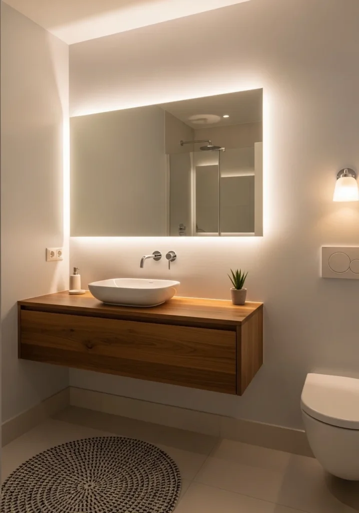 Small bathroom with a large mirror making the space look bigger