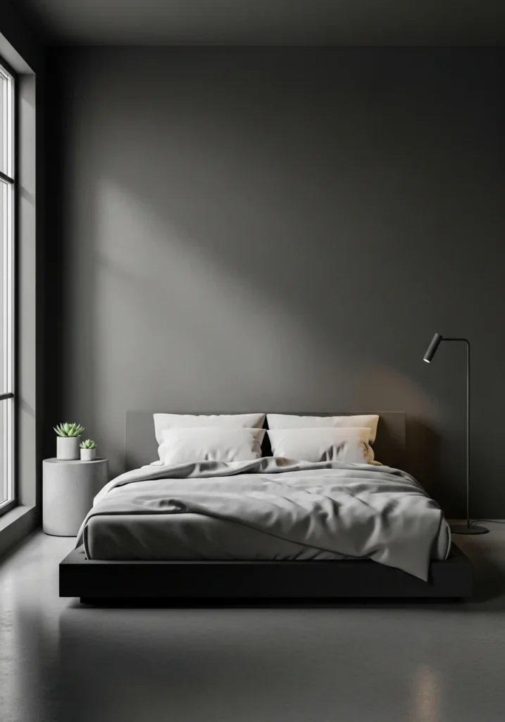 Minimalist dark gray bedroom with simple bedding and decor.
