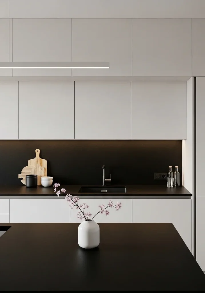 matte black countertops with white cabinets kitchen