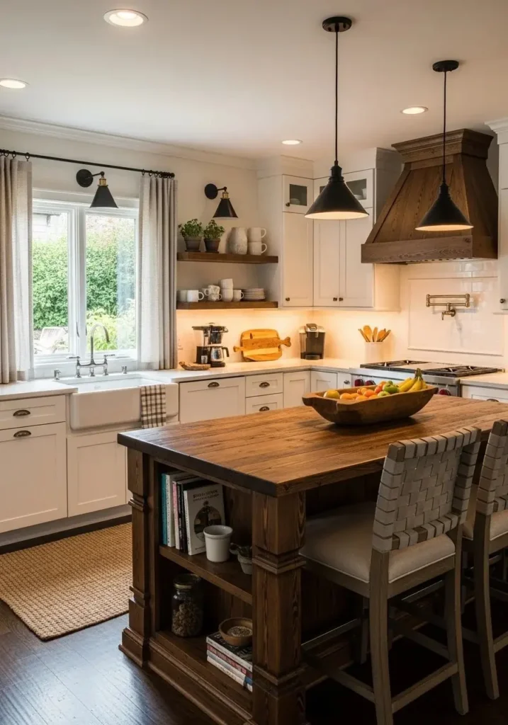 Farmhouse L-shaped kitchen with white cabinets and warm wooden island.