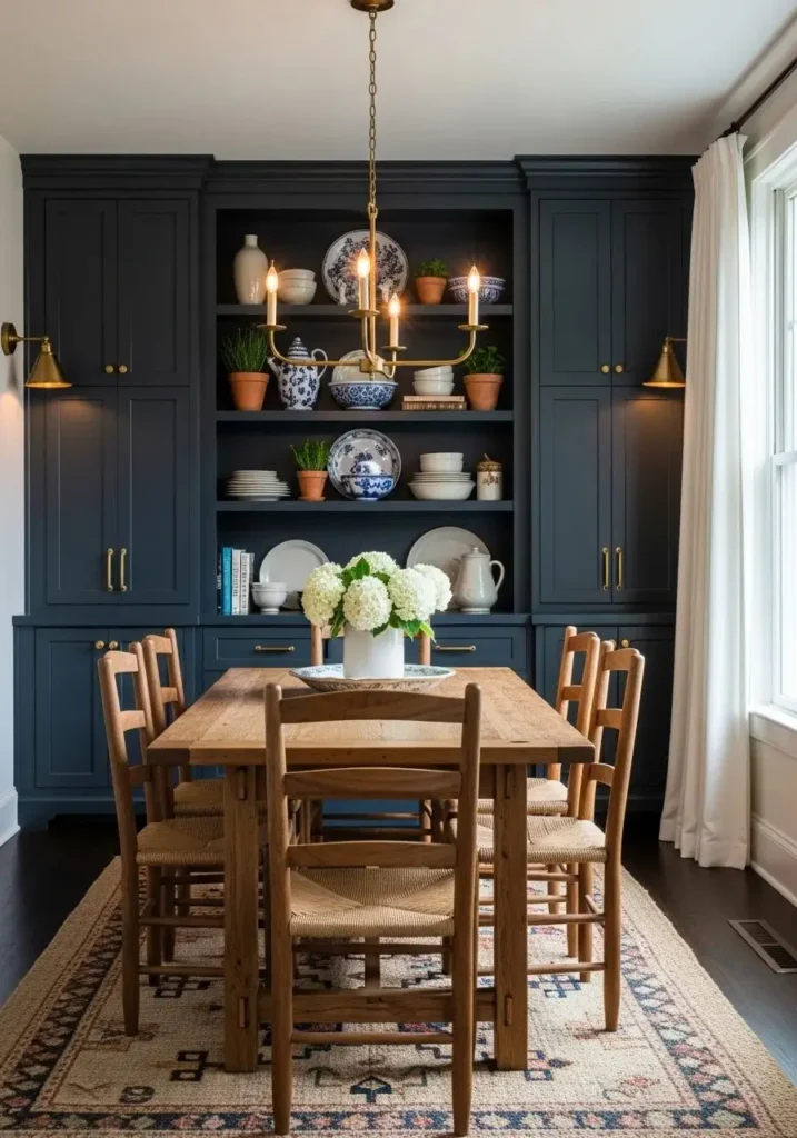 Moody dining room with dark built-in cabinets and shelves.
