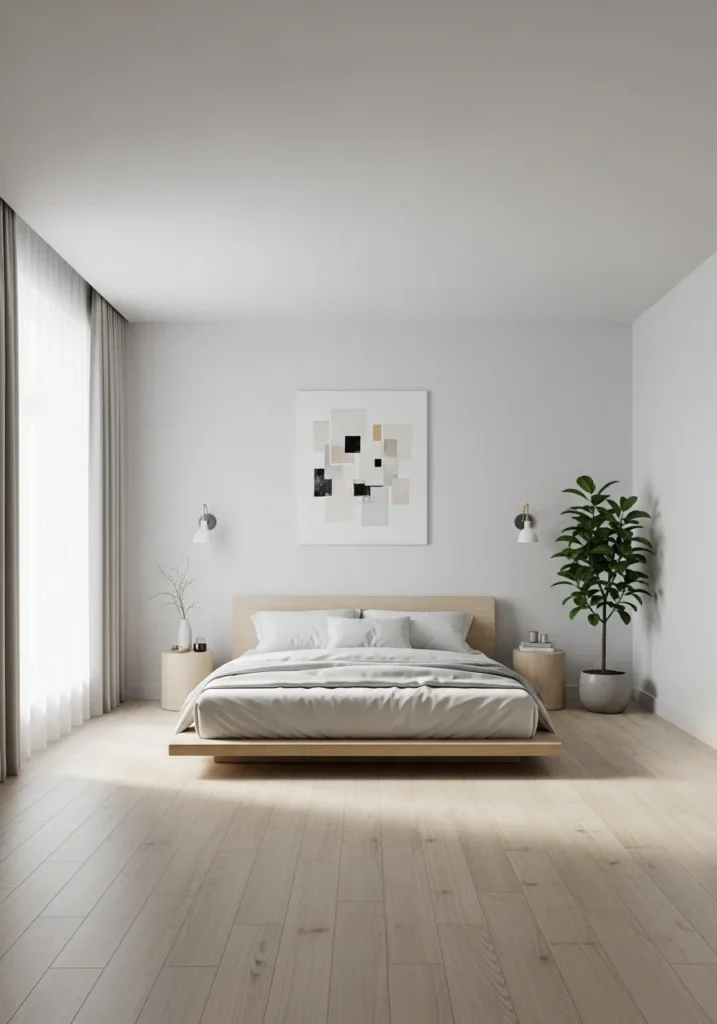 Full bedroom view minimal clean clutter free peaceful room