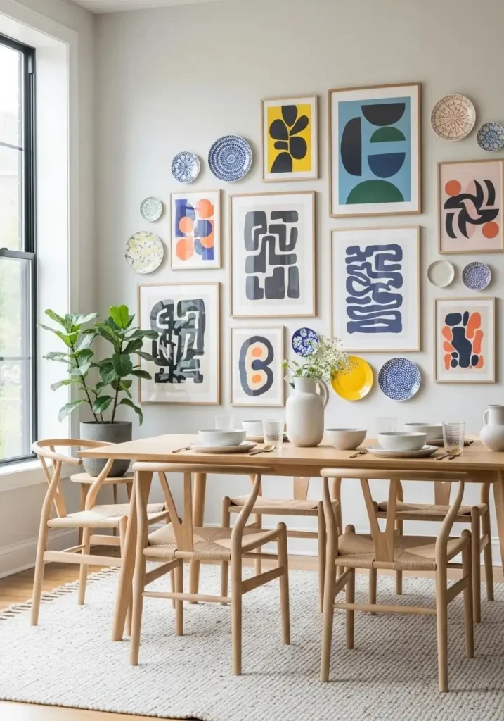 Dining room featuring a multi-colored gallery wall above the table.