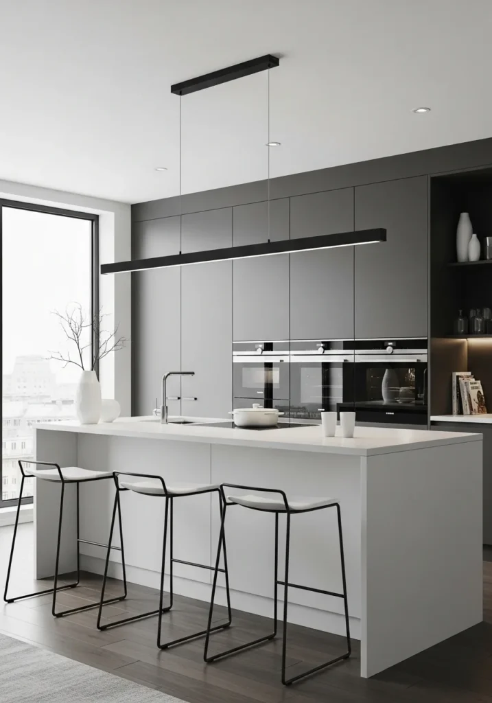 Linear suspension light over a modern kitchen island providing even illumination and style.