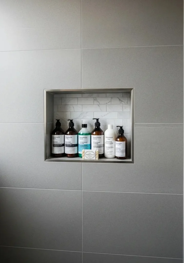 Built-in shower niche for storage in a small bathroom
