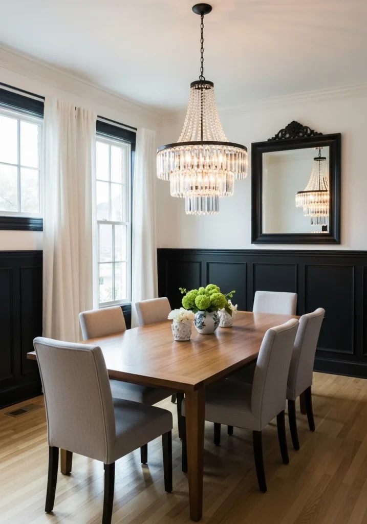 Black wainscoting dining room with white walls and classic wooden table setup.