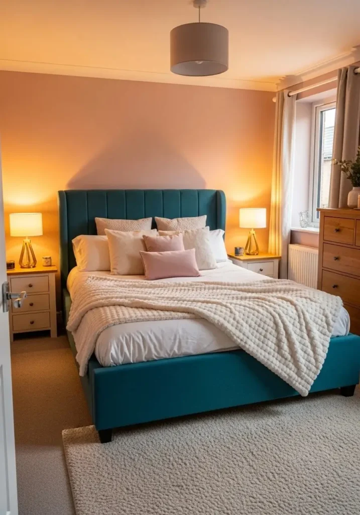 Teal bed frame with pink walls