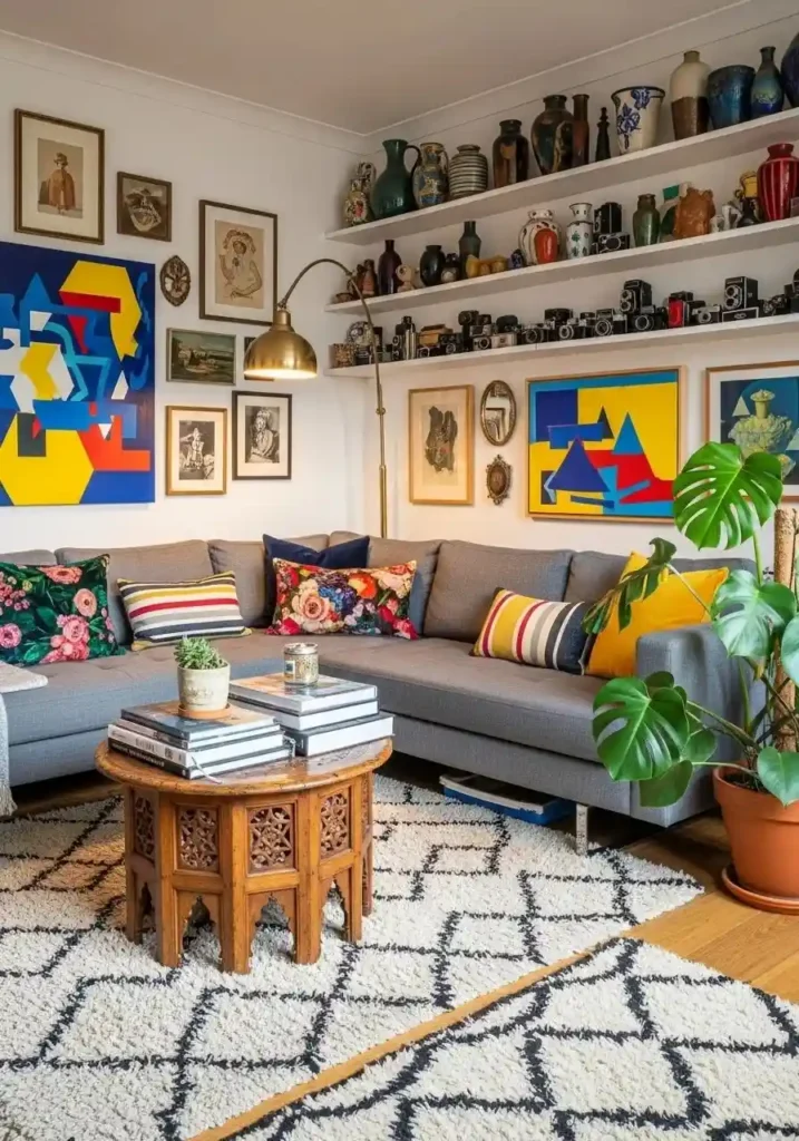Eclectic living room mixing modern and vintage furniture with bold artwork.
