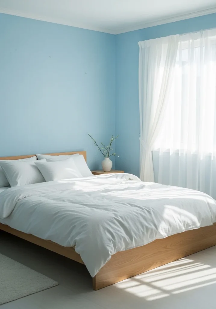 Modern bedroom with a navy blue accent wall behind the bed, white and beige bedding, gold decor accents, warm lighting, clean and elegant design