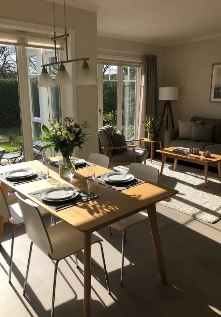 Dining table placed near window in living dining combo layout