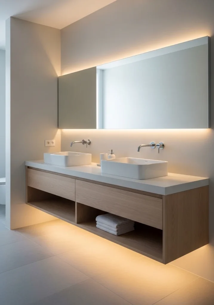 Floating double vanity in soft wood with under-cabinet lighting creating an airy bathroom.
