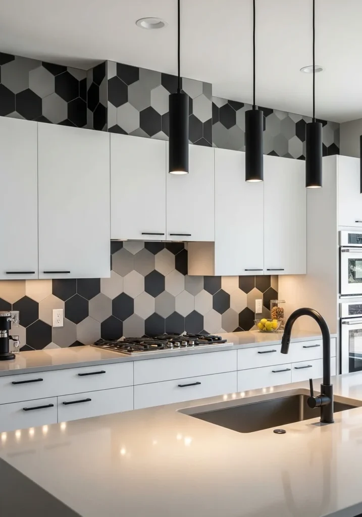 Modern kitchen with bold geometric tile backsplash in black and gray hexagon pattern
