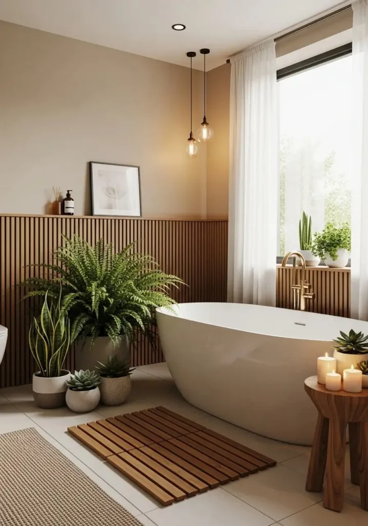 Wooden slat bathroom rug with spa inspired natural design