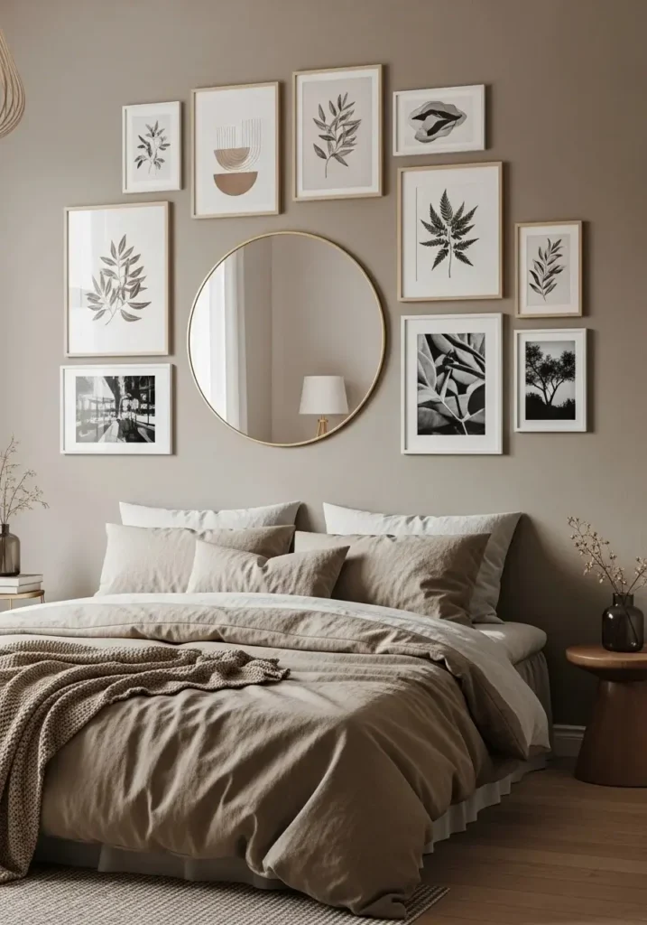gallery wall with mirror creating layered bedroom design