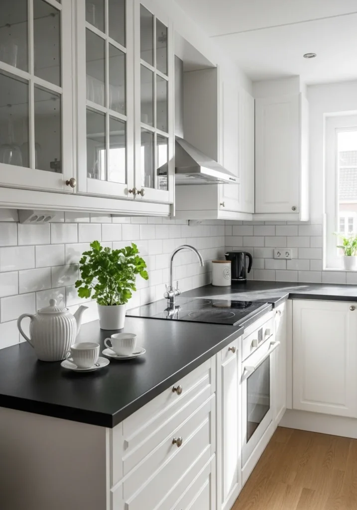 Black countertops with classic white subway tile backsplash.
