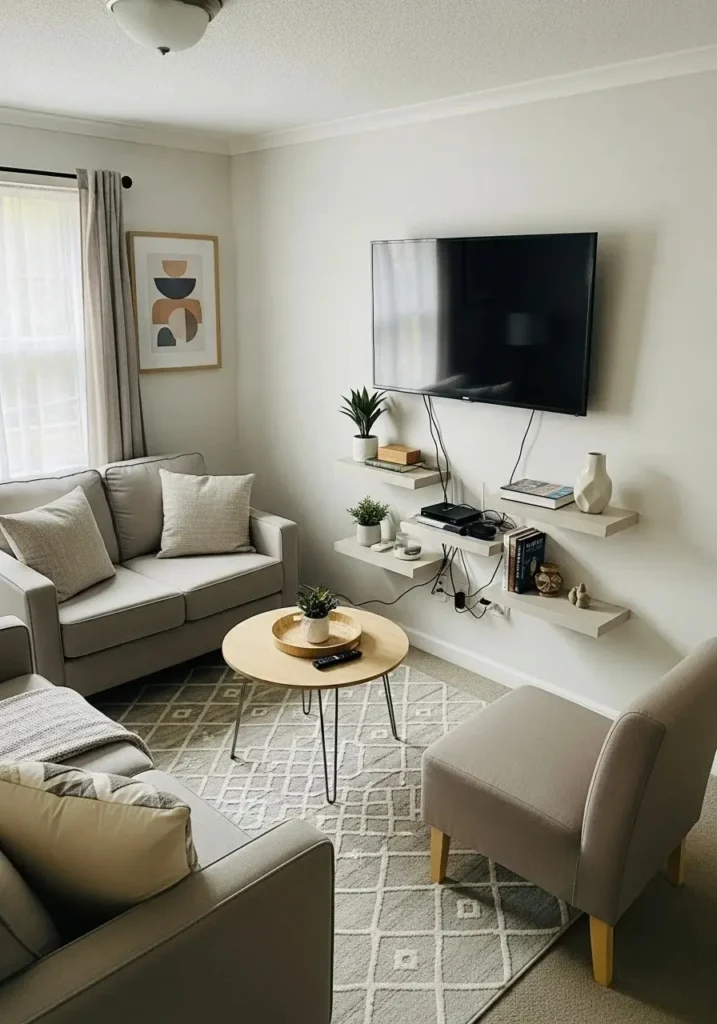 Small living room with styled TV wall and floating shelves.