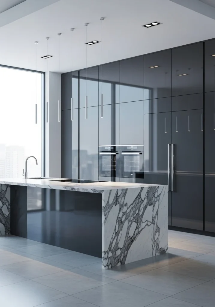 Modern one wall kitchen with waterfall island