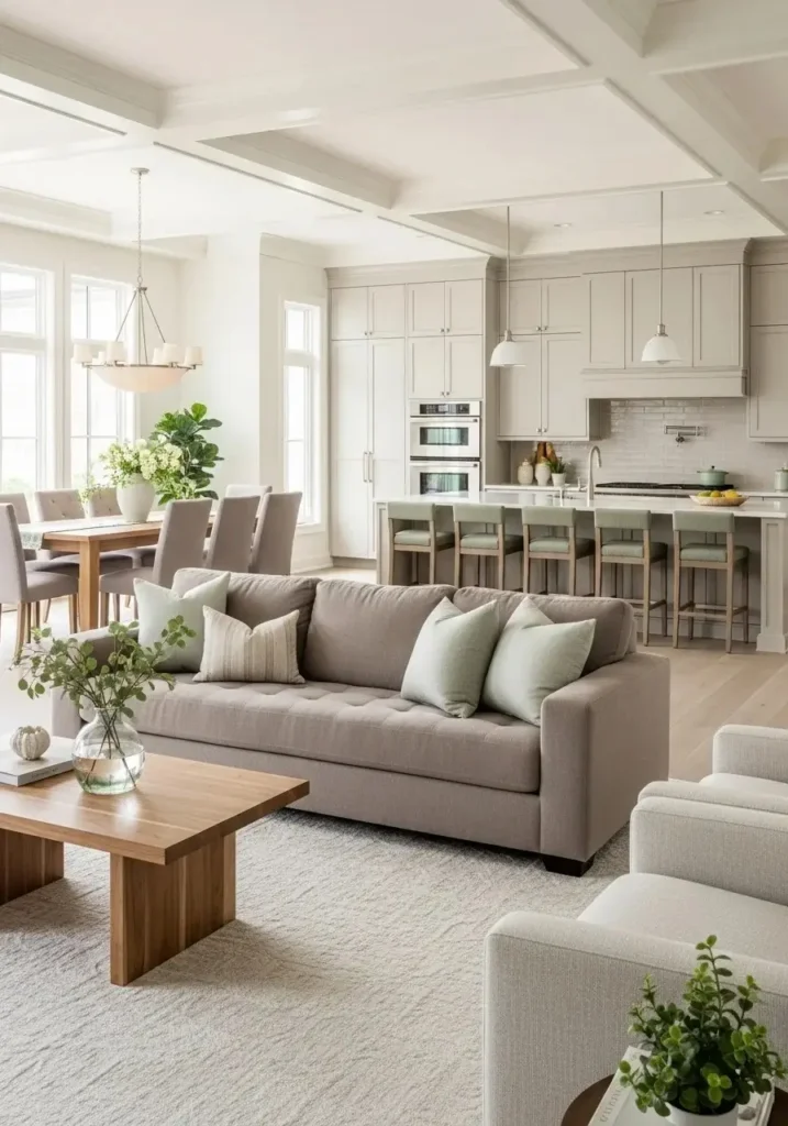 Open layout space with cohesive neutral colors connecting living dining kitchen