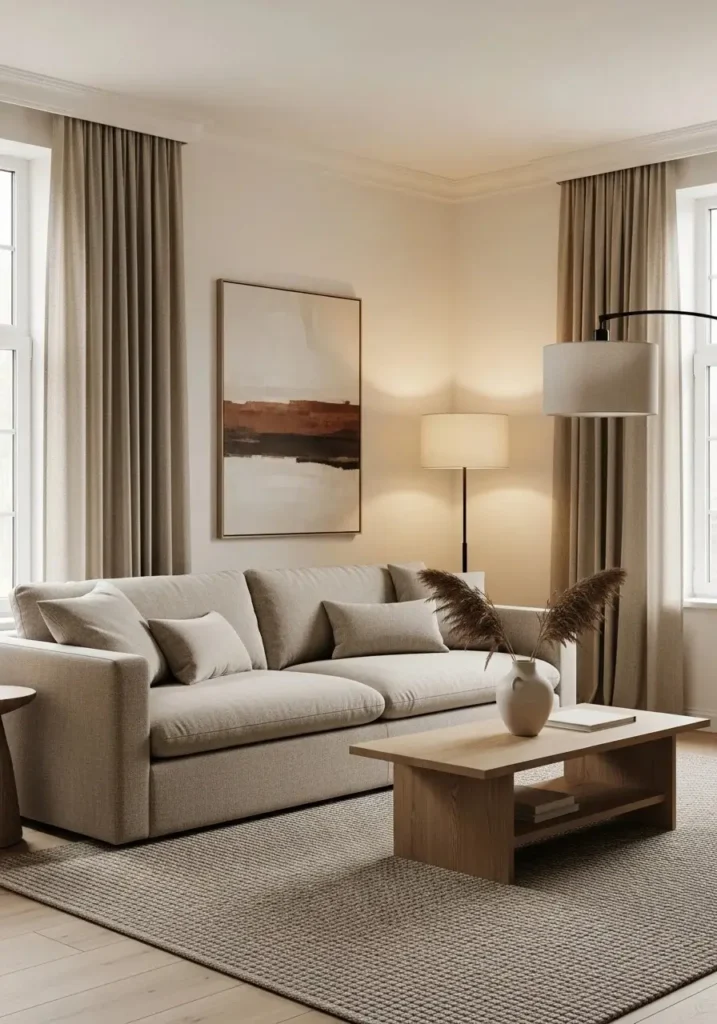 neutral color palette luxury living room with beige sofa and soft textures
