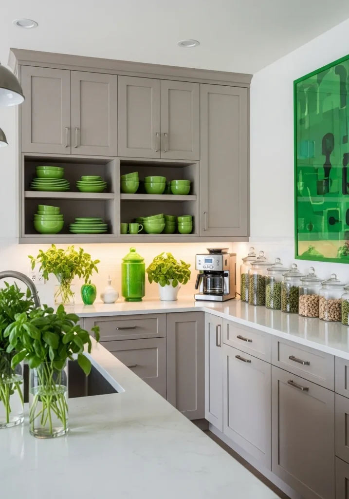 Kitchen styled with green decor and accessories, fresh, lively, and inviting.