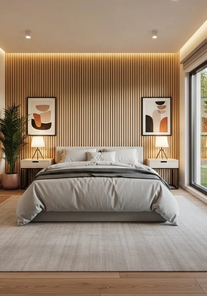 wooden wall slat feature wall in modern bedroom