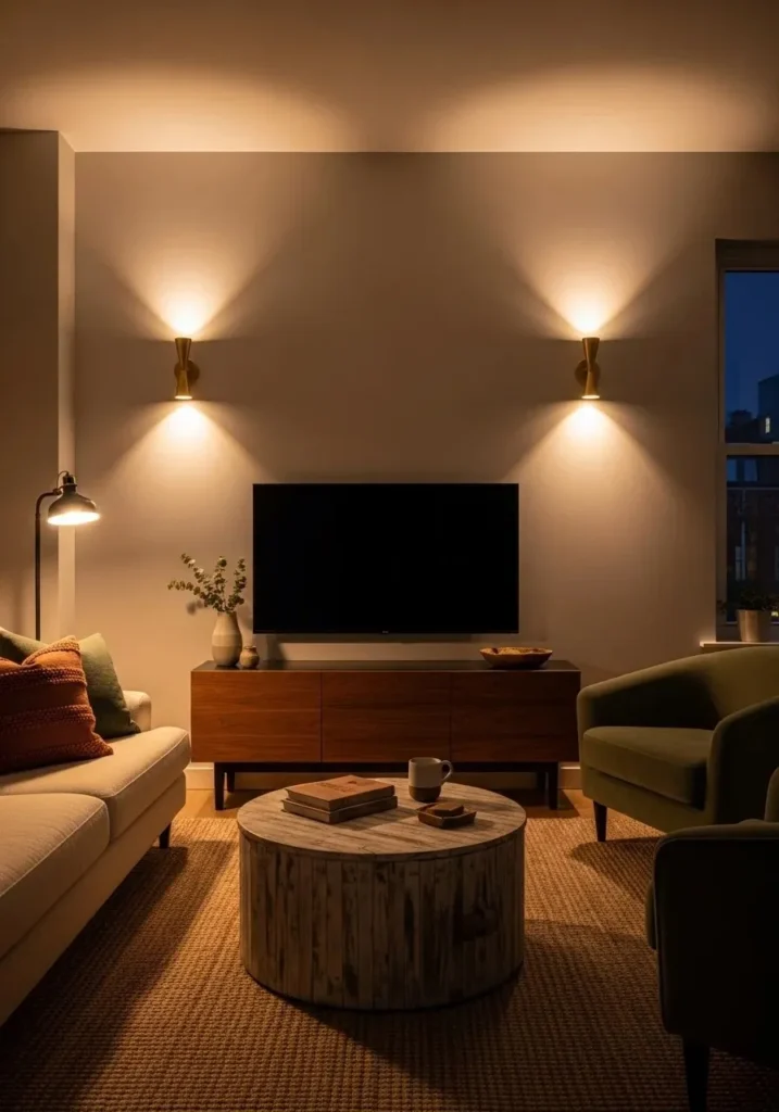 TV wall styled with warm wall sconces.