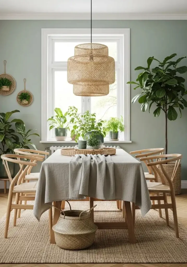 green dining room decor with natural textures and rattan lighting