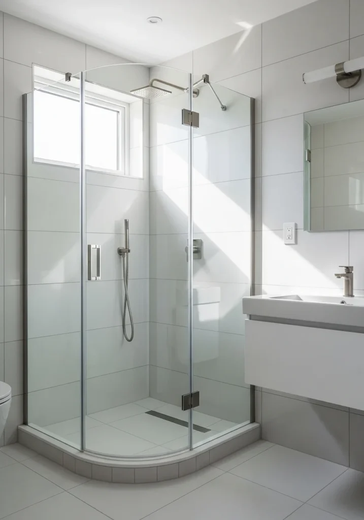 Frameless glass corner shower opening up a small bathroom space