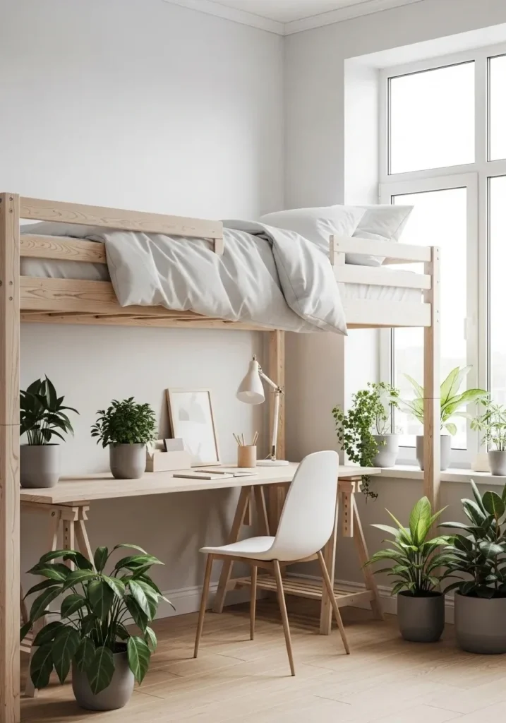 Scandinavian style loft bed with light wood frame and simple desk workspace.