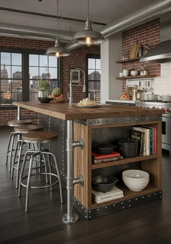 Industrial wood and metal bar stools at a kitchen island blending style and durability
