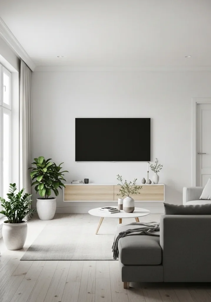 Minimal modern living room with clean TV wall setup.